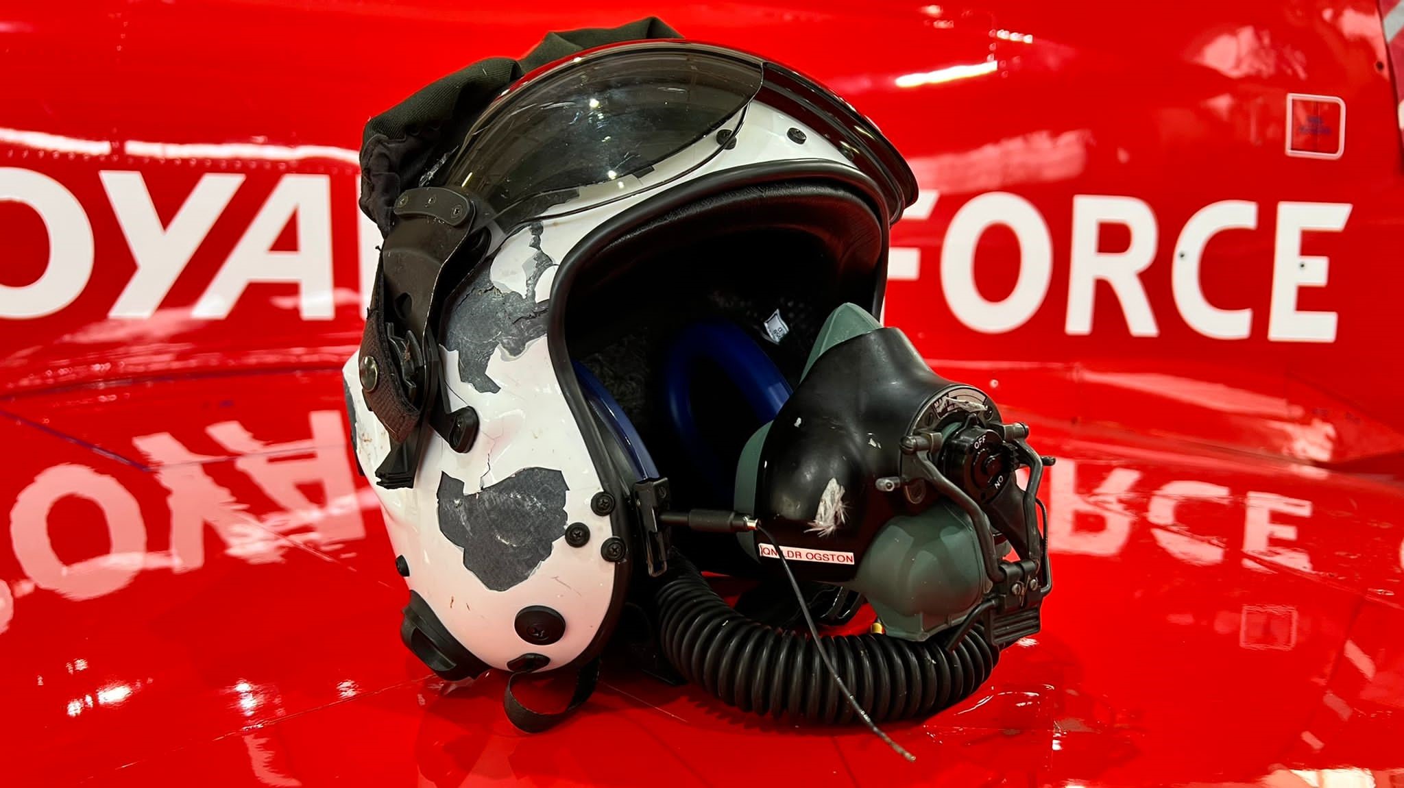 Red 6's flying helmet, showing signs of the impact.